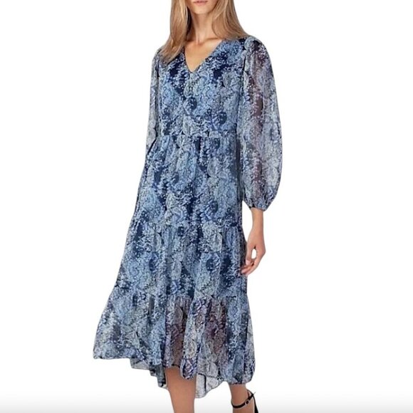 JOIE LTD EDITION Parisian Paisley Tiered High Low Midi-Maxi Dress Blue